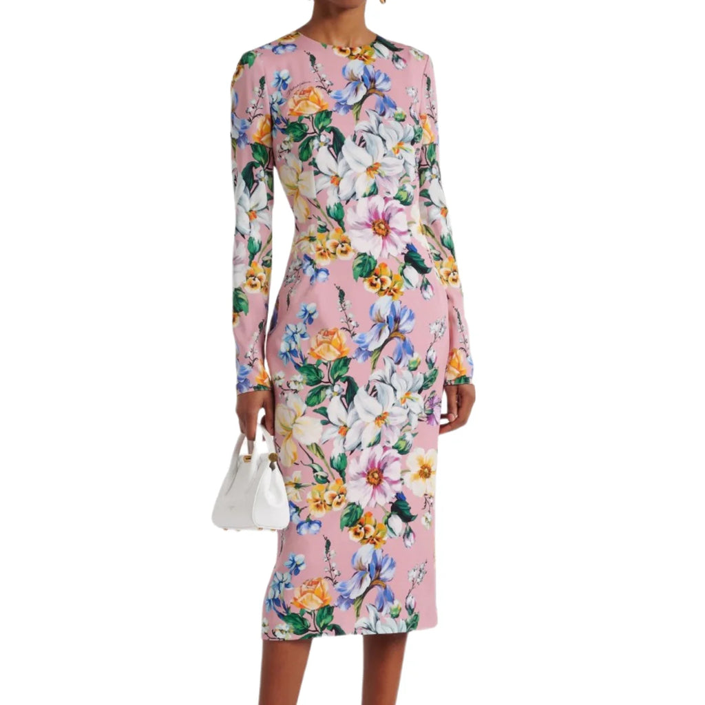 Women’s 100% Silk Floral Print Midi Dress | 2026 Runway Luxury Designer Inspired Long Sleeve Pink Evening Party Gown Spring