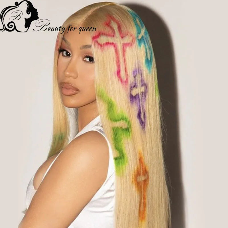 Cosplay Highlight Straight With Pattern Brazilian Colored Pink Blue Human Hair Wig Transparent 13x4 Lace Frontal Wigs For Women
