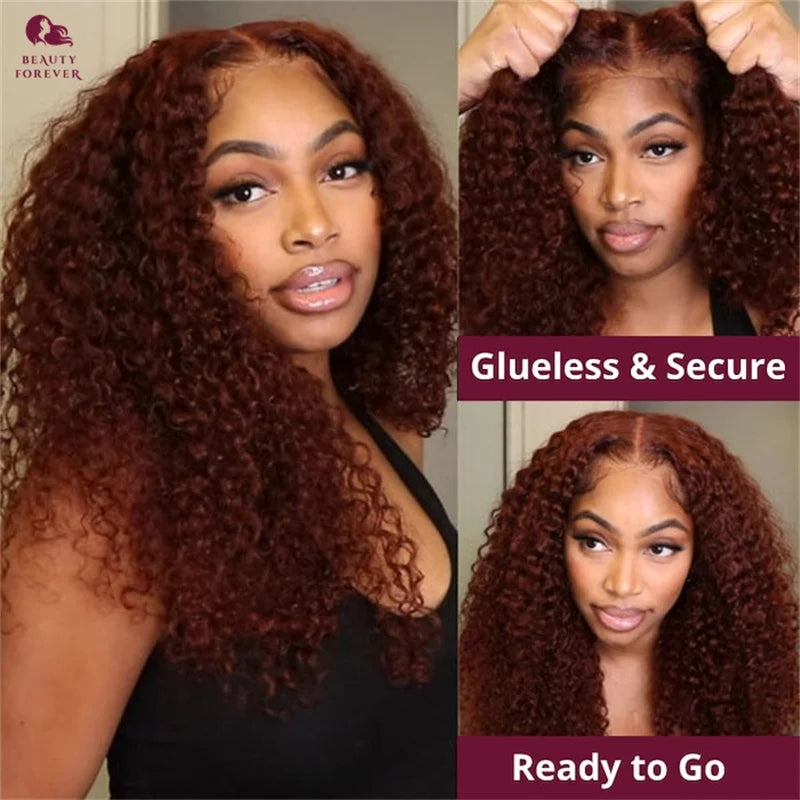 Beautyforever 7x5 Bye Bye Knots Glueless Human Hair Wig Jerry Curly Reddish Brown Color HD Transparent Lace Front Wig 180%