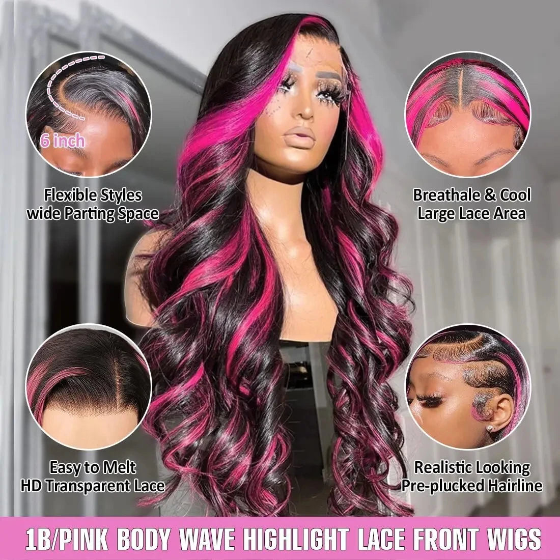Brazilian 1B/Pink Ombre 13x4 13x6 HD Lace Front Wigs 220% Density Body Wave Highlight Wig Human Hair Pink And Black Colored Wig