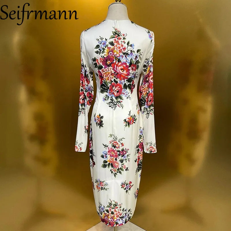 Seifrmann Summer New Women's Dress Long Sleeved Elegant Print High Waist Slim-Fit Hip Wrap Silk Straight Dresses