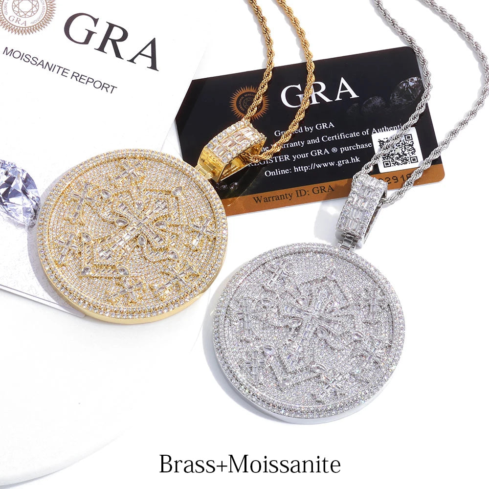 Hip Hop Custom VVS1 Moissanite Cross Circle Pendants Necklaces Iced Out Brass Personalized Men Pendant with Passed Diamond Test