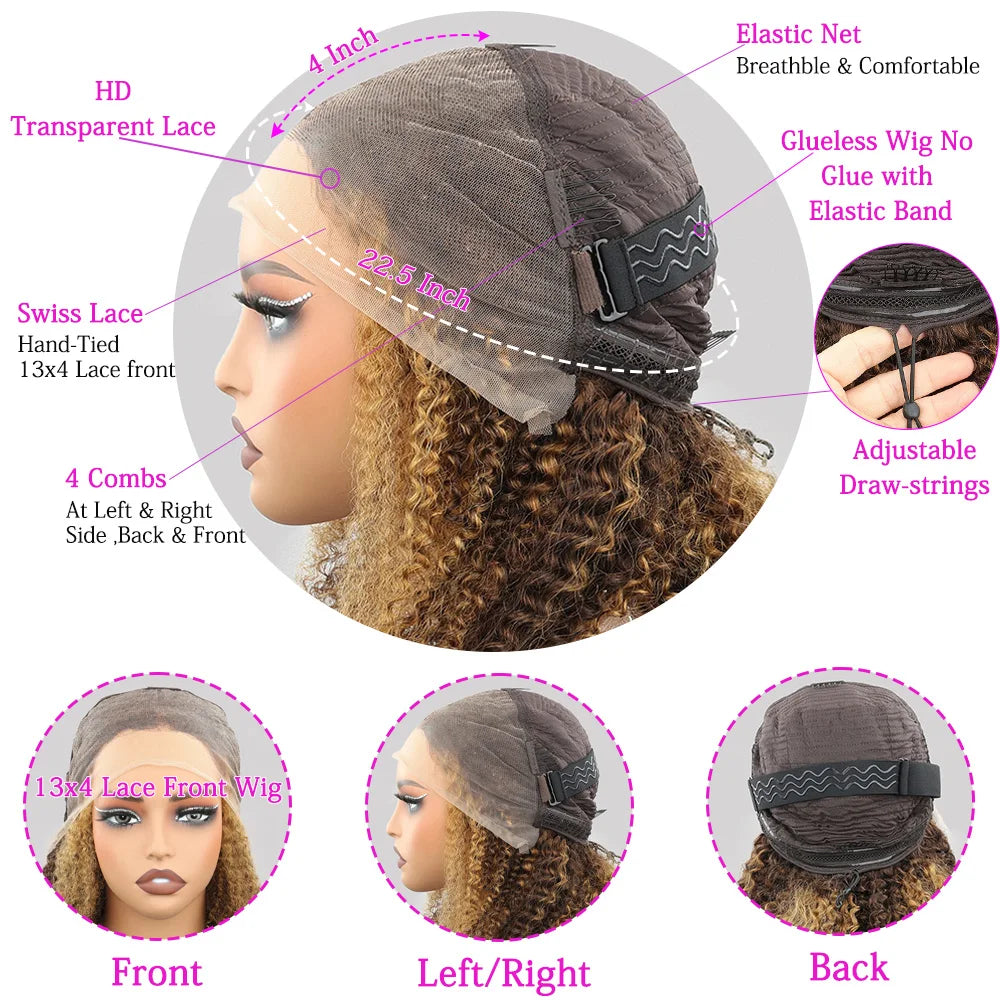 4/27 Highlight Kinky Curly Human Hair Wig Wear And Go Glueless 13x4 Lace Front Wig 200% HD Deep Wave Lace Frontal Wig PrePlucked