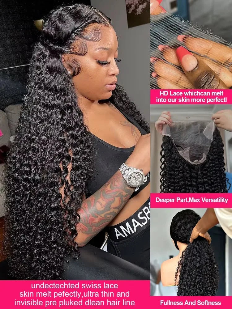 Water Wave Curly 100% Human Hair Brazilian 13x4 13x6 Lace Front Wig 250 Density Deep Wave 360 Full Lace Front Wigs Black