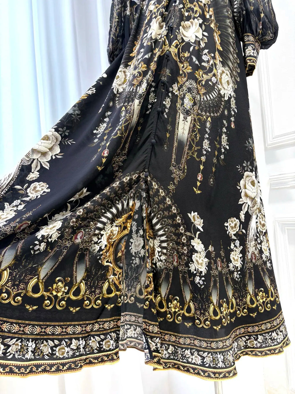 Crystal Beaded Women 100% Silk Maxi Dress Floral Printed V-Neck Elastic Waist Lantern Sleeve Vintage Black Robe
