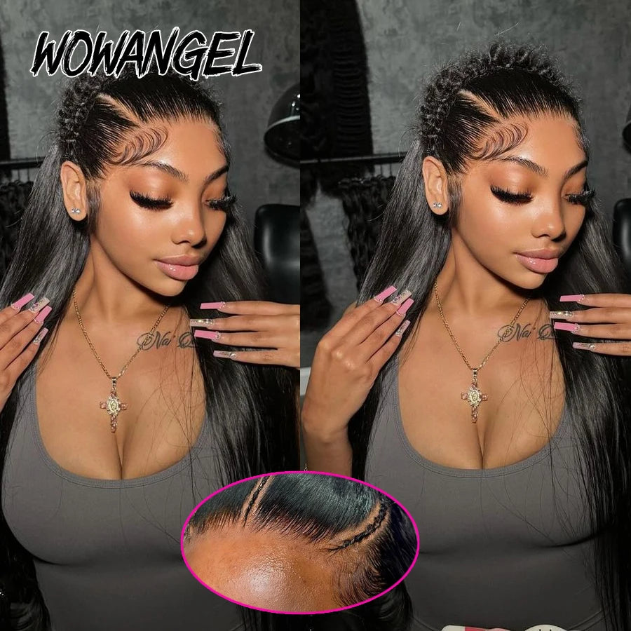 WowAngel 250% Upgraded 13x6 HD Lace Frontal Wigs Glueless Straight Human Hair Wigs Pre Plucked Natural Scalp Brazilian Hair