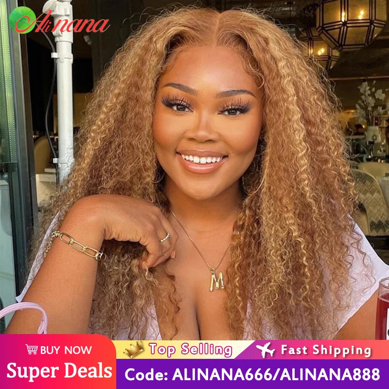 13x6 Honey Blonde Kinky Curly Lace Front Wig Pre-Plucked 180%Density 13x4 Lace Frontal Wigs Highlight Colored Wig Human Hair Wig