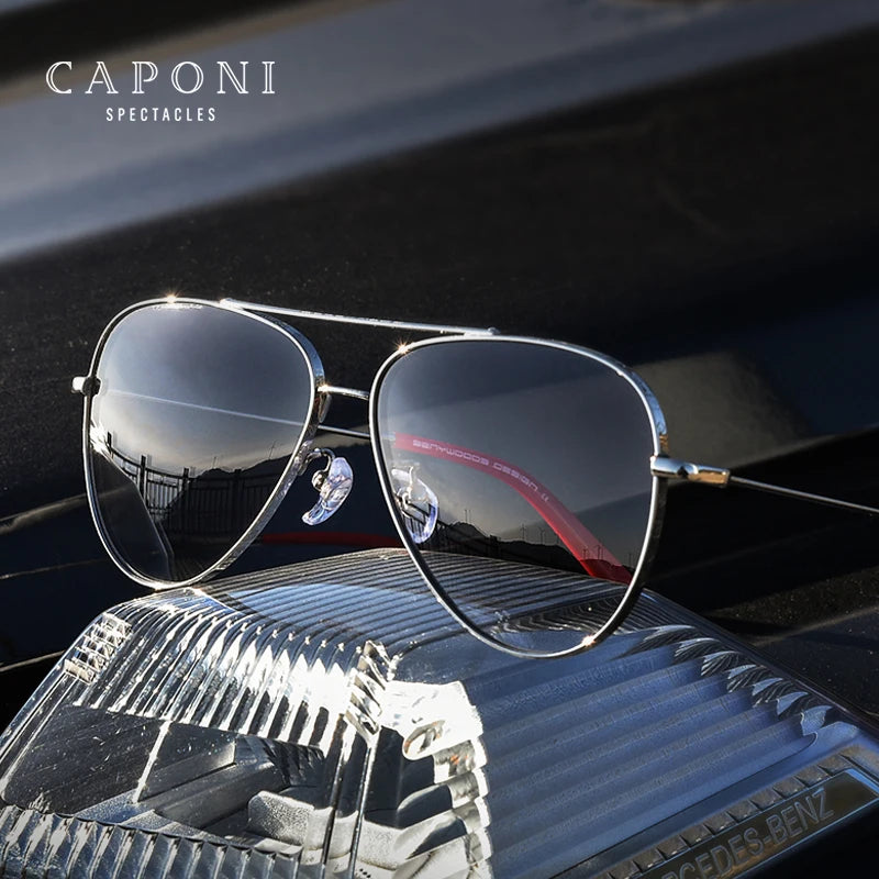 CAPONI Gradient Gray Men's Sunglasses Outdoor Fashion Travel Alloy Original Brand Sun Glasses For Male UV400 Sunglasses CP7538