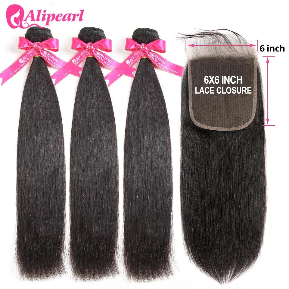 AliPearl Hair Straight Human Hair Bundles With 6x6 Closure Brazilian Human Hair Weave 3 Bundles with Transparent Lace Closure