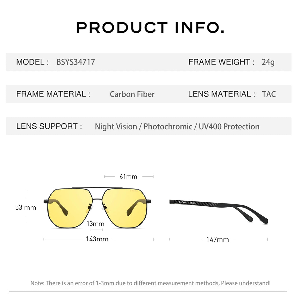 CAPONI Pilot Style Men Sunglasses Double Bridge Driver Night Vision Carbon Fiber Sun Glasses Photochromic Brown Shades BSYS34717
