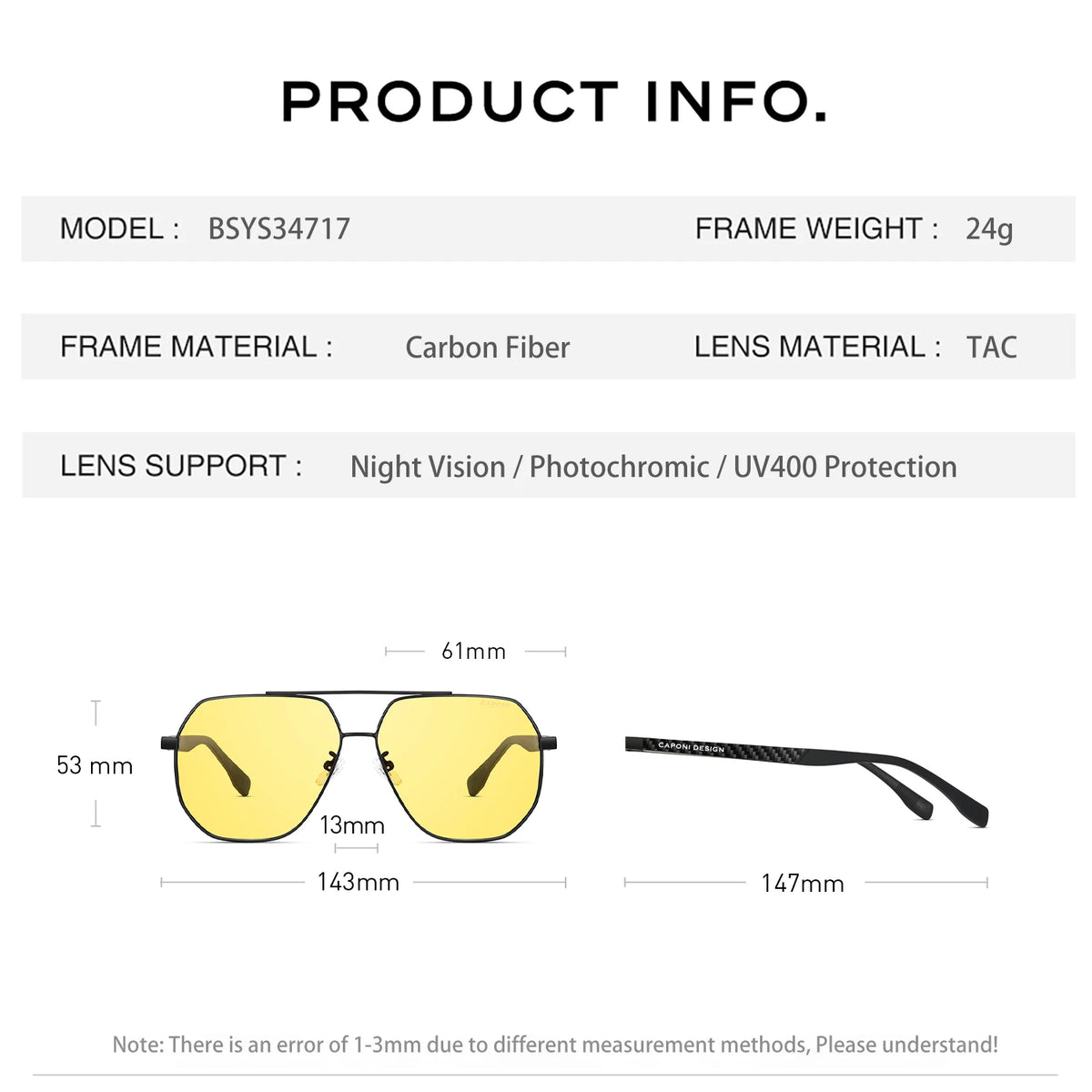 CAPONI Pilot Style Men Sunglasses Double Bridge Driver Night Vision Carbon Fiber Sun Glasses Photochromic Brown Shades BSYS34717