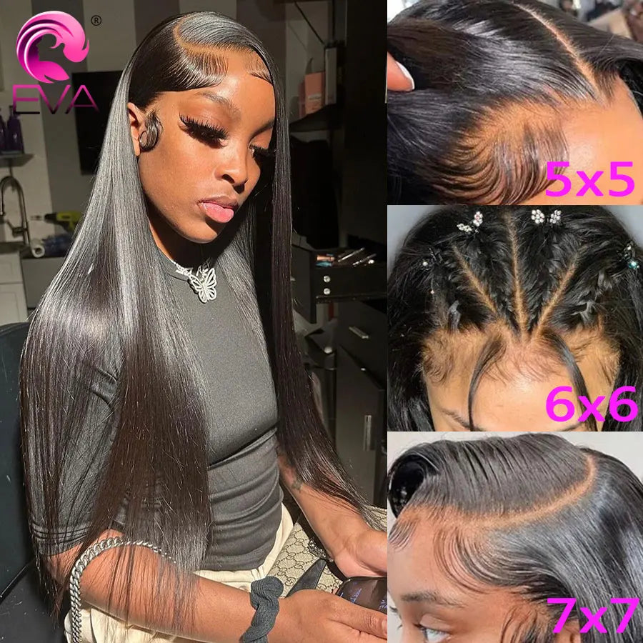 Eva Hair Glueless Wigs 7x7/6x6/5x5 HD Lace Closure Wigs Silk Straight Melt Skins Deep Part Ready to Go Human Hair Wig For Woman