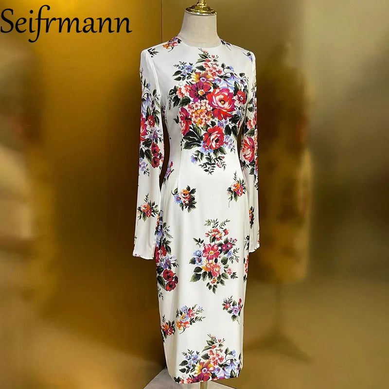 Seifrmann Summer New Women's Dress Long Sleeved Elegant Print High Waist Slim-Fit Hip Wrap Silk Straight Dresses
