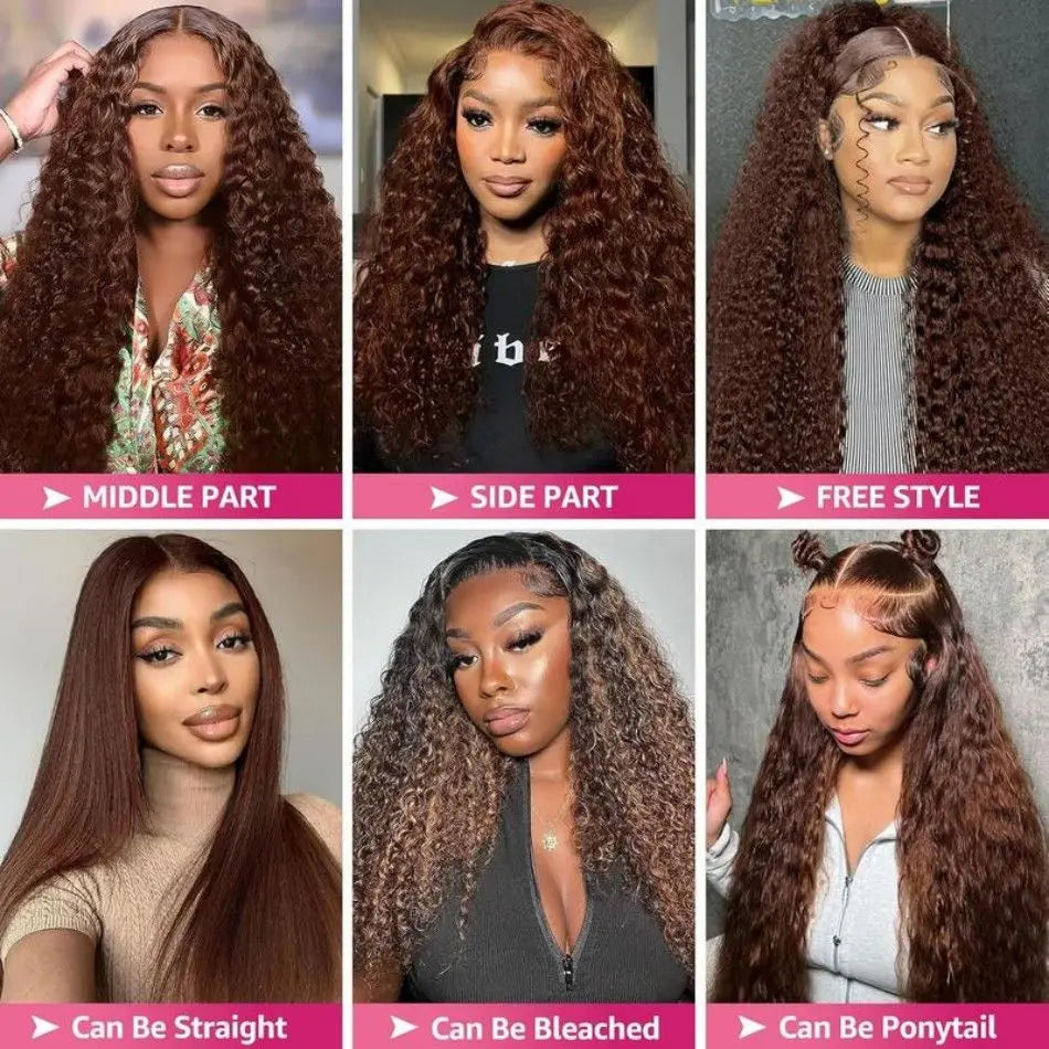 Chocolate Brown Deep Wave Human Hair Wigs Brazilian Curly Lace Front Wig 250 Density 13X6 Hd Lace Frontal Wig Preplucked 30 Inch