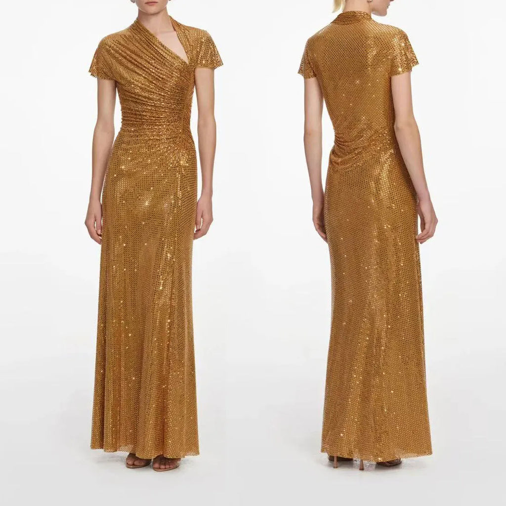 Women Golden rhinestone midi dress asymmetrical neckline short sleeve dress