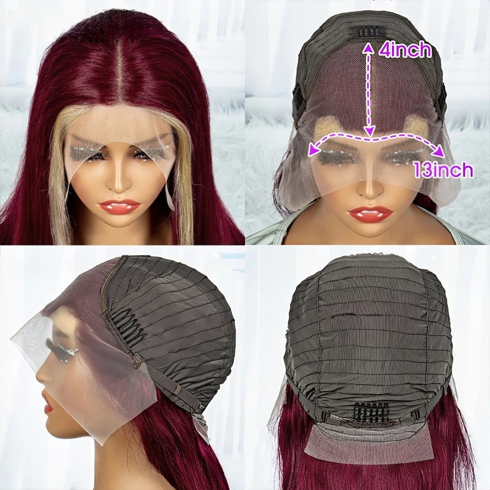 99J/613 Body Wave 13x4 Lace Frontal Highlight Wig Human Hair Brazilian High Density Ombre Blonde With Red Colored Human Hair Wig