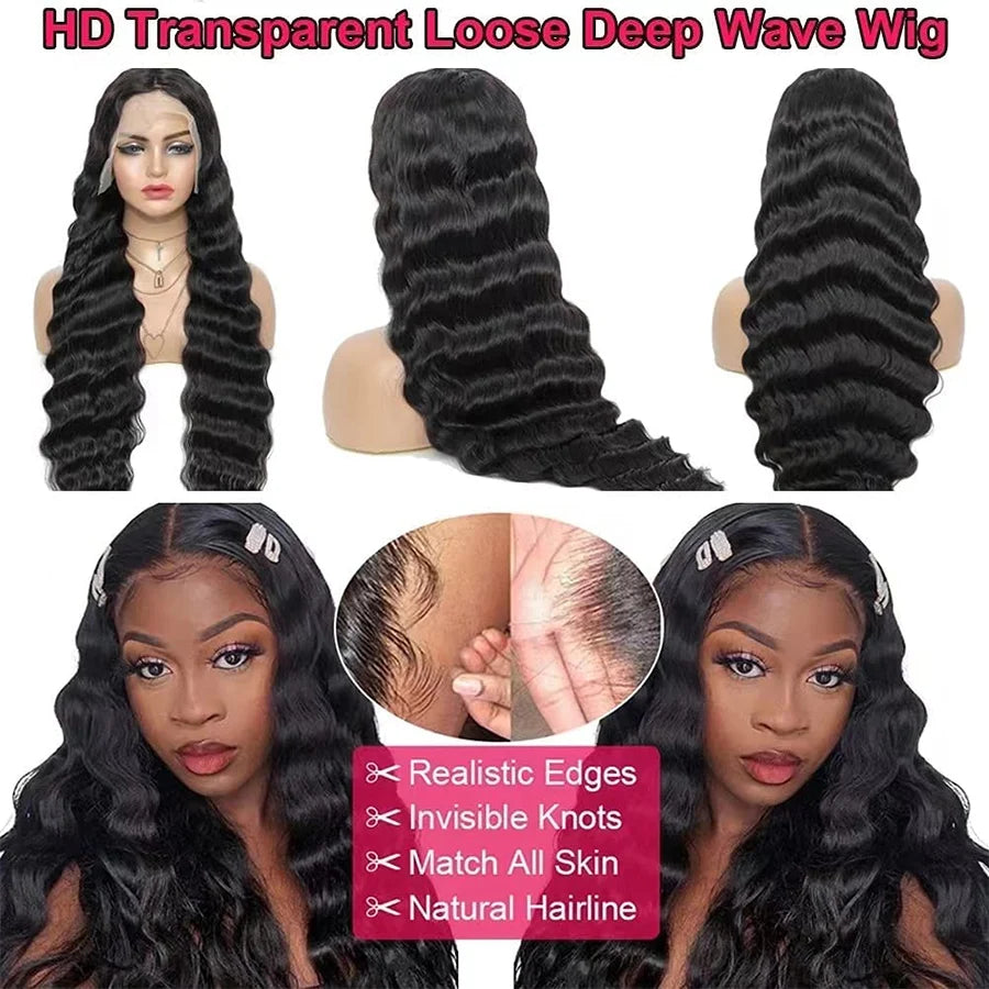 32 34Inch Loose Deep Wave Wig 180 Density 13x4 13x6 HD Transparent Lace Frontal Wig Brazilian Human Hair Wigs For Women Lemoda