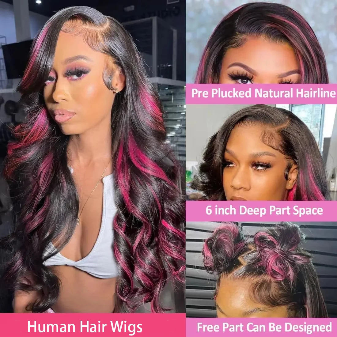 Brazilian 1B/Pink Ombre 13x4 13x6 HD Lace Front Wigs 220% Density Body Wave Highlight Wig Human Hair Pink And Black Colored Wig