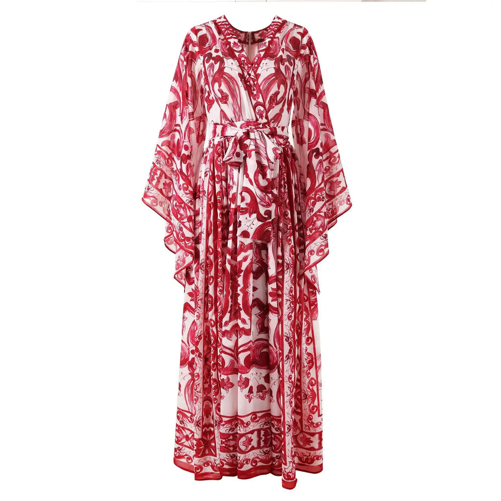 Women Silk Maxi Wrap Dress Porcelain Print Chiffon Boho Beach Evening Gown Flared Sleeves Summer Wedding Party