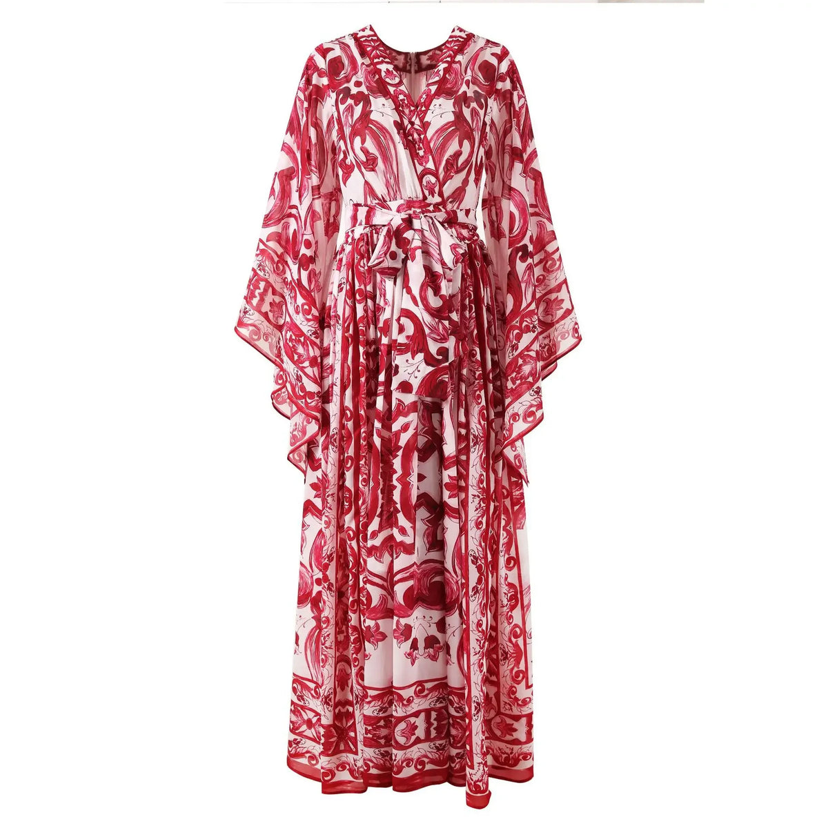 Women Silk Maxi Wrap Dress Porcelain Print Chiffon Boho Beach Evening Gown Flared Sleeves Summer Wedding Party