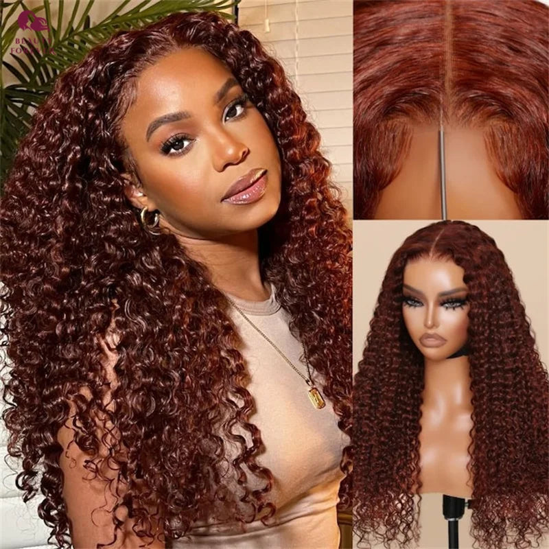 Beautyforever 7x5 Bye Bye Knots Glueless Human Hair Wig Jerry Curly Reddish Brown Color HD Transparent Lace Front Wig 180%