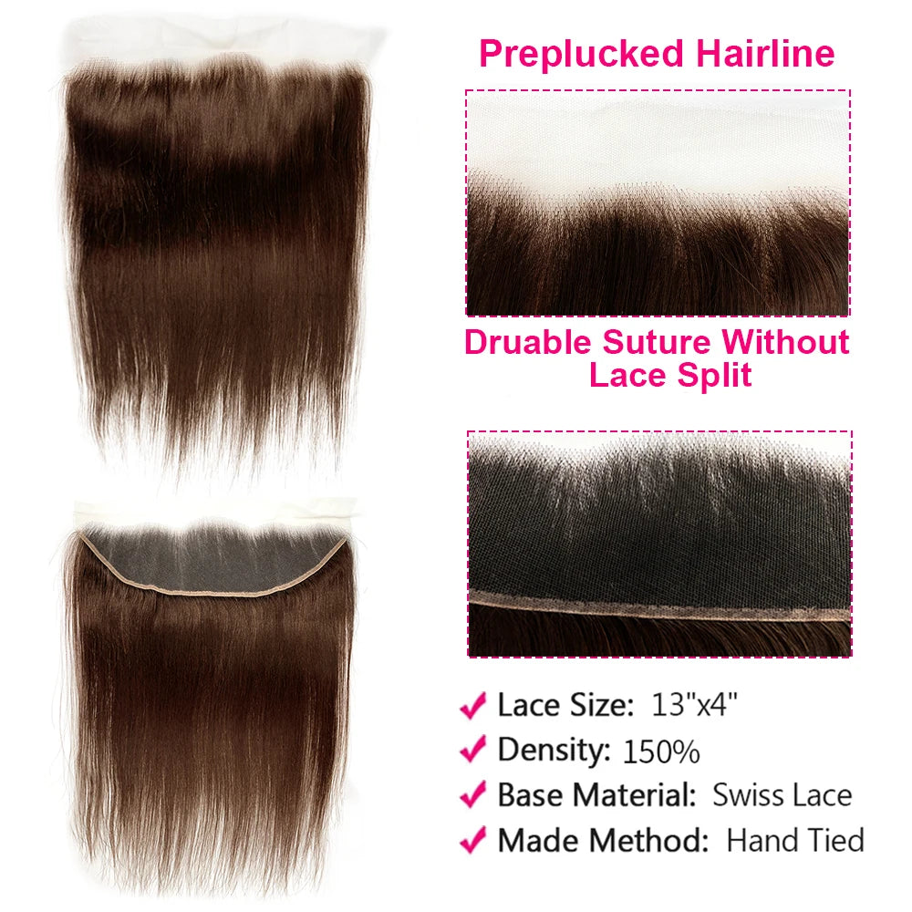 #4 Color Straight Human Hair Bundles With Frontal Chocolate Brown 13x4 Lace Frontal With Bundles 3 Bundles Hair Extensions Weave
