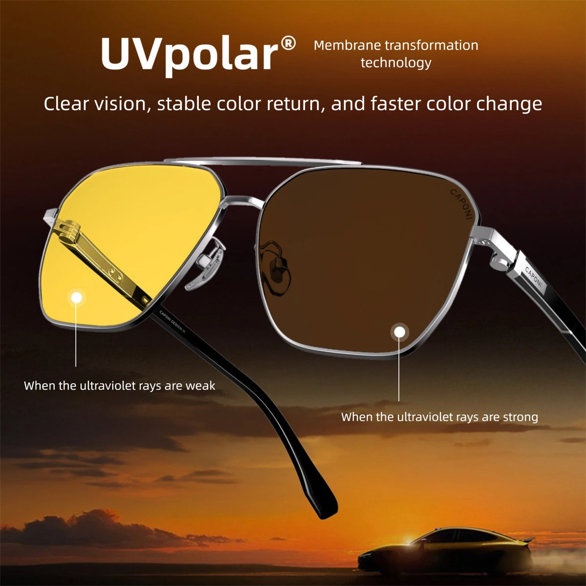 CAPONI Pilot Style Sunglasses Men Driving Night Vision Acetate Yellow Sun Glasses Fashion Photochromic Brown Eyewear BSYS24703