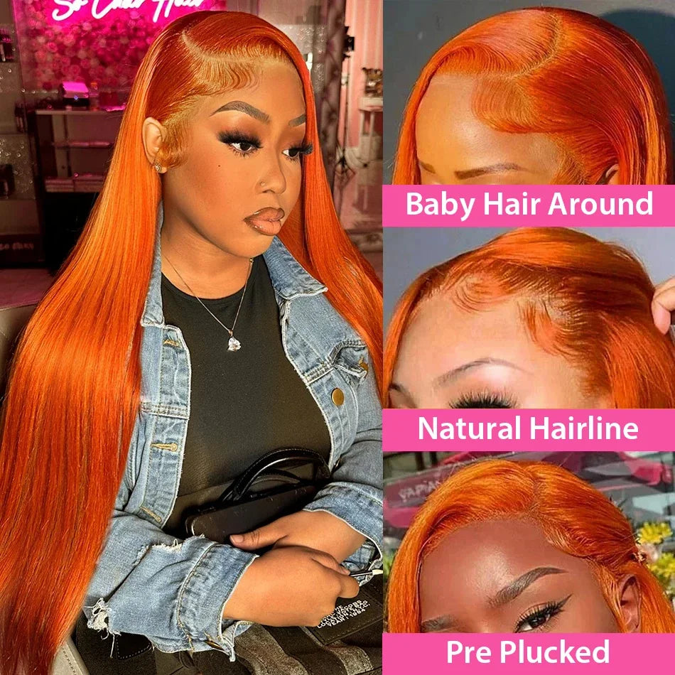 13x4 Orange Ginger Straight Lace Front Wigs Pre Plucked 350 Brazilian Human Hair Wig Female Sale 13x6 Ginger HD Lace Frontal Wig