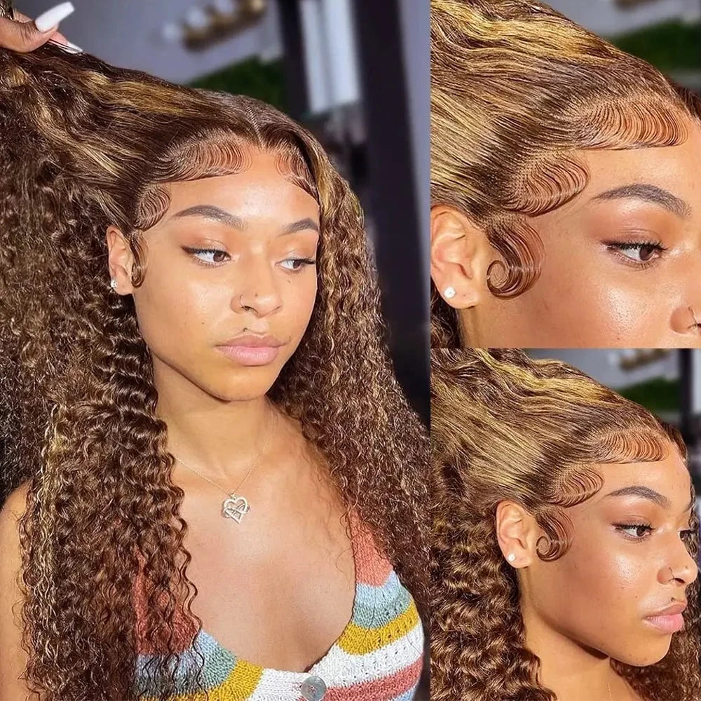 Highlight P4/27 Color Deep Wave Wig With 4c Edges Curly Baby Hair 28INCH 4x4 Lace Closure Deep Curly Human Hair Wigs Pre Plucked