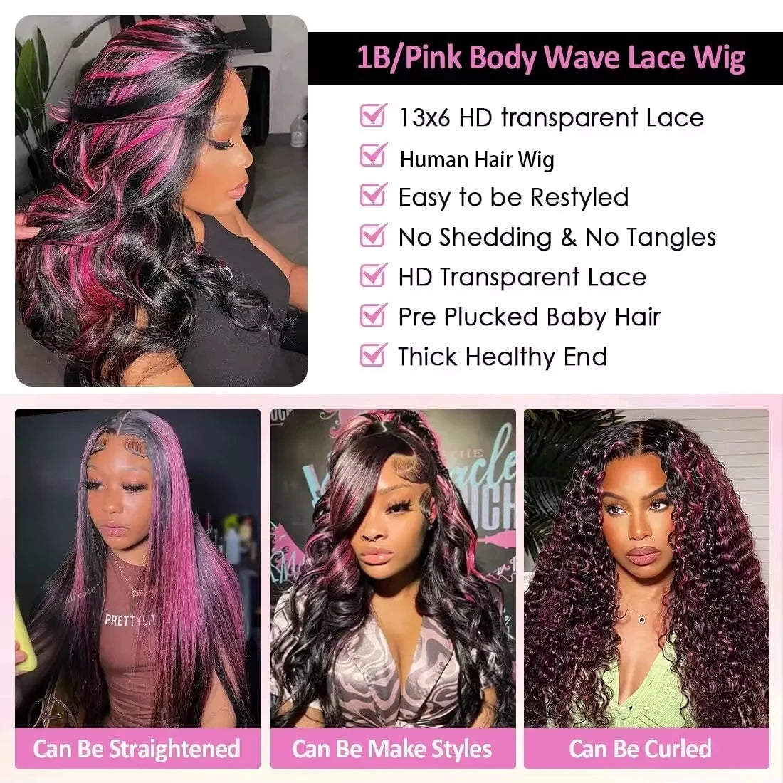 Brazilian 1B/Pink Ombre 13x4 13x6 HD Lace Front Wigs 220% Density Body Wave Highlight Wig Human Hair Pink And Black Colored Wig