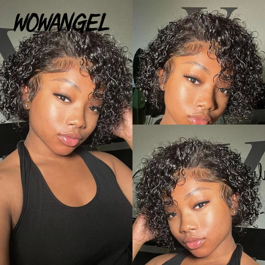 Wow Angel Short Curly Pixie Cut Wigs 13x4 HD Lace Front Wigs 250% Jerry Curly Human Hair Wigs Melt Skins HD Transparent Lace Wig