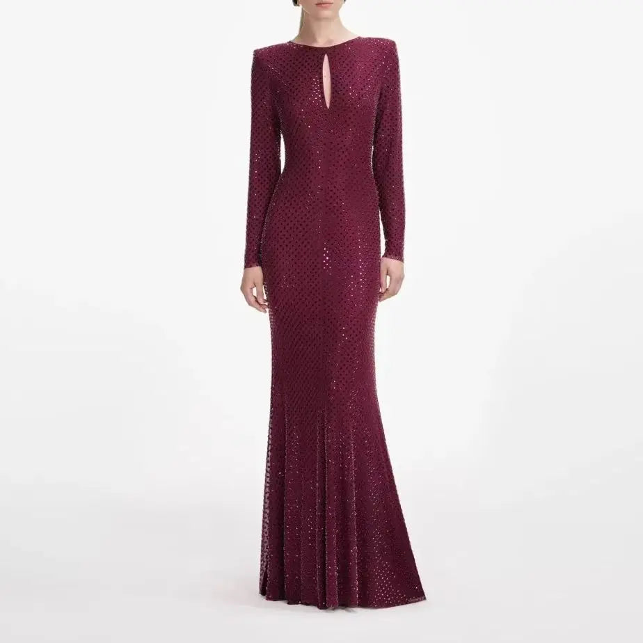 Women hot diamond long red dress long sleeve fashion luxury Fish tail long dress