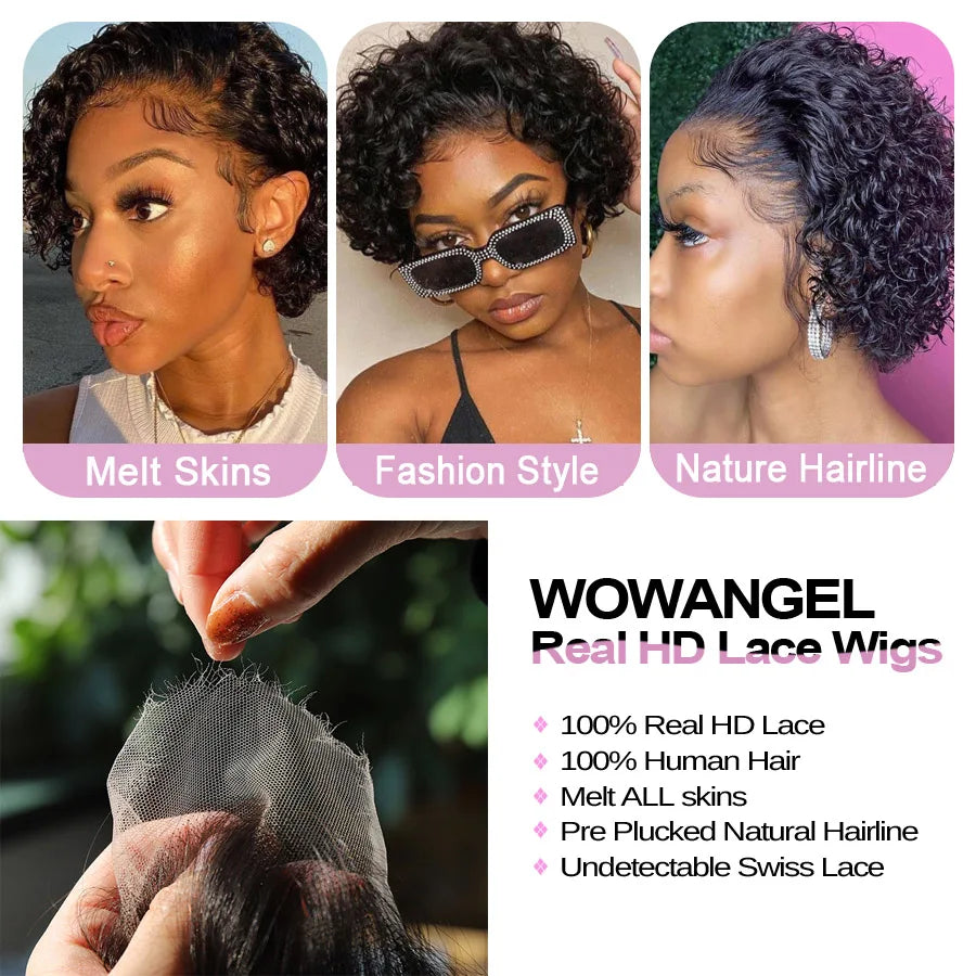 Wow Angel Short Curly Pixie Cut Wigs 13x4 HD Lace Front Wigs 250% Jerry Curly Human Hair Wigs Melt Skins HD Transparent Lace Wig