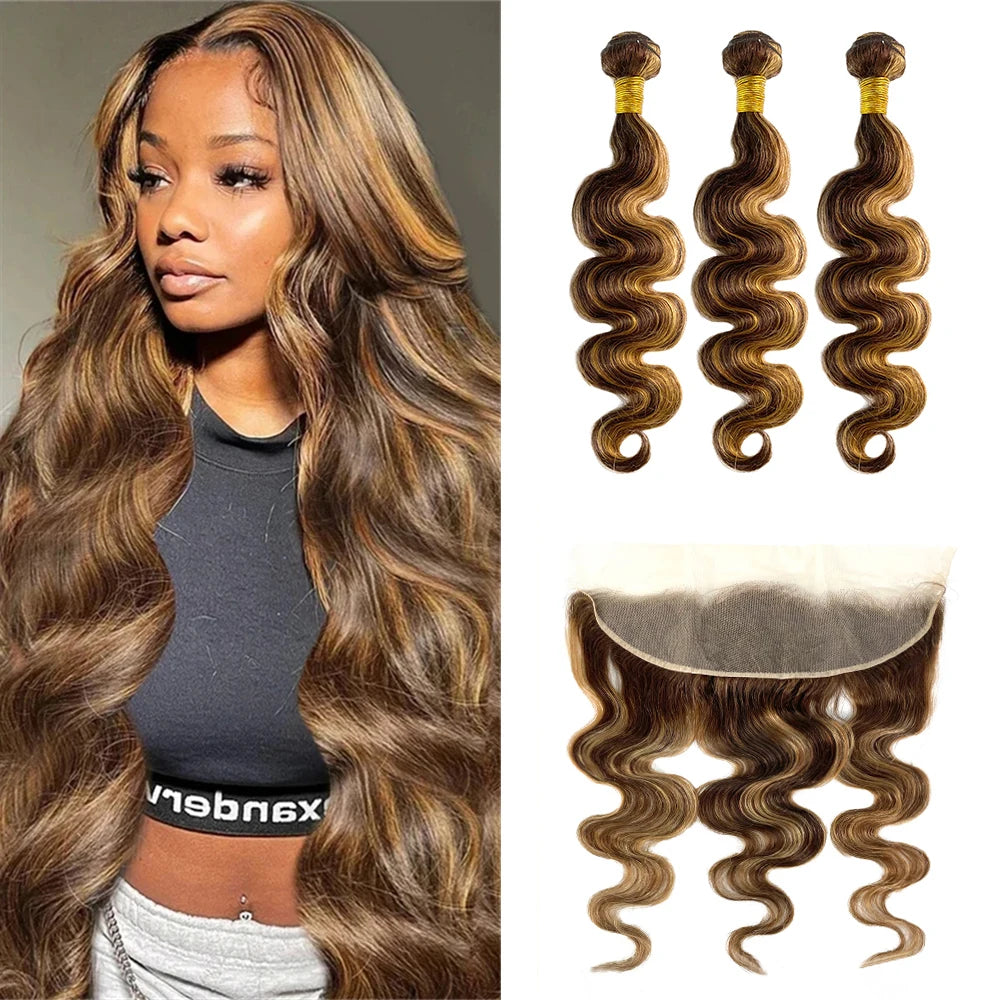 Highlight Bundles With Closure Frontal Brazilian Body Wave Ombre Blonde Human Hair Tissage Bundle With 13x4 Frontal P4/27 Color