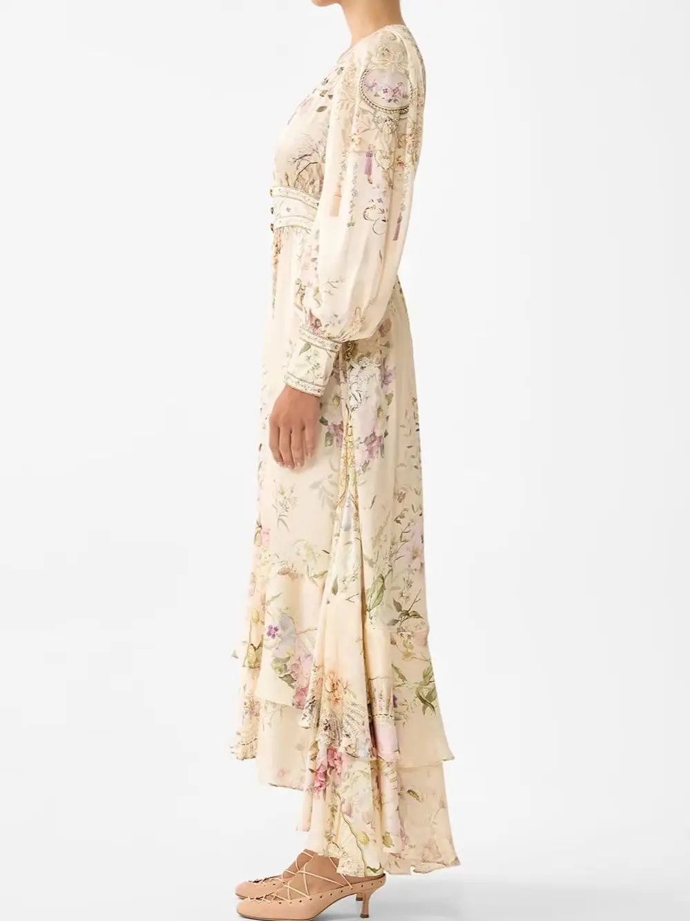 100% Silk Women Ruffles Layered Long Dress Crystal Beaded Flower Print Lantern Sleeve V-Neck Single Breasted Elegant Robe