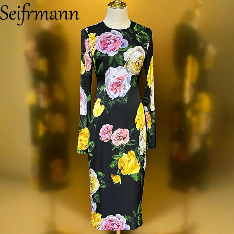 Seifrmann Summer New Women's Dress Long Sleeved Elegant Print High Waist Slim-Fit Hip Wrap Silk Straight Dresses