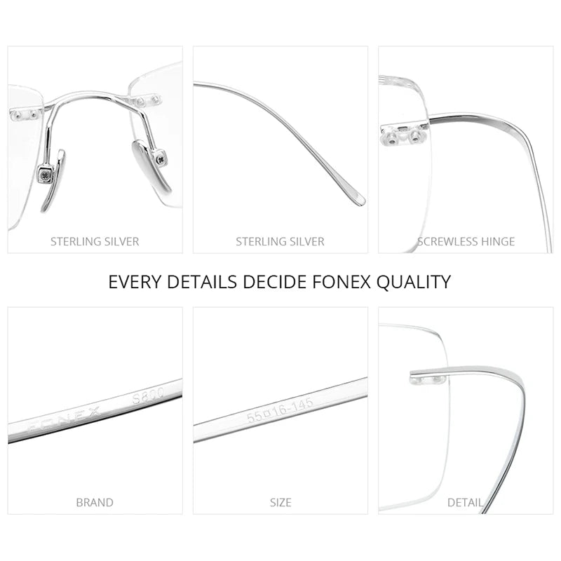 FONEX Sterling Silver S800 Glasses Frame Men Luxury Brand Design Rimless Eyeglasses Frameless Austria Ultralight Eyewear S001
