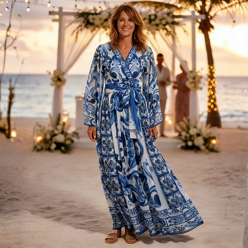 Women Silk Maxi Wrap Dress Porcelain Print Chiffon Boho Beach Evening Gown Flared Sleeves Summer Wedding Party
