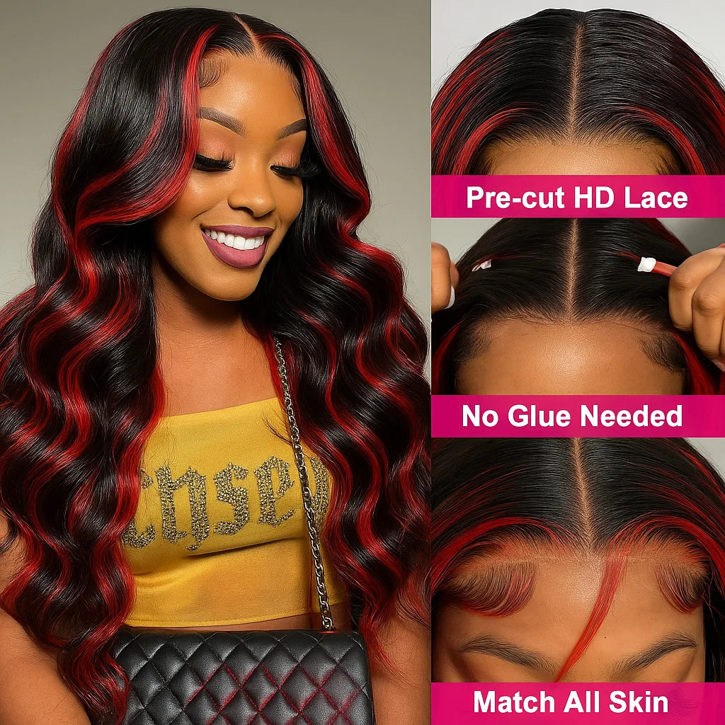 Red Blonde Highlights Body Wave 5x5 Glueless Wigs 30 Inch Human Hair Ombre Burgundy for Women Pre Plucked with Baby Hair 180%