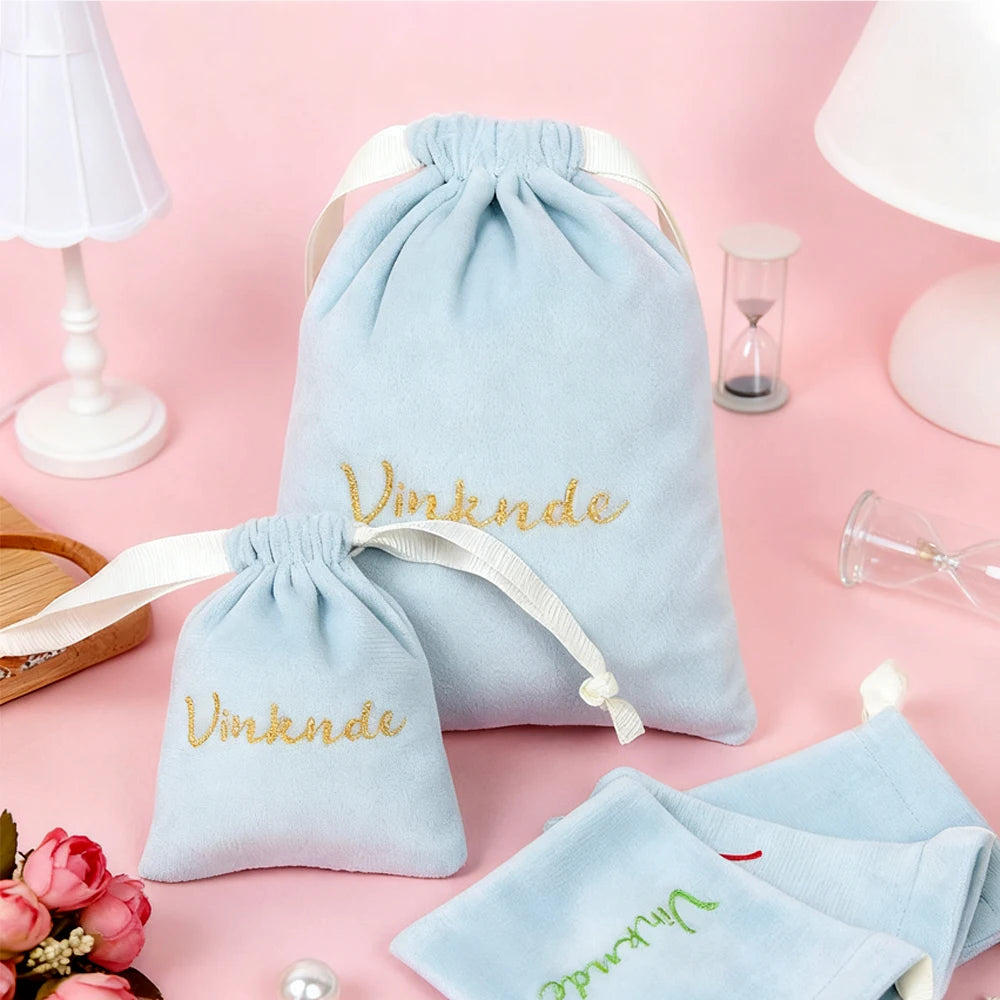 50-100pcs Velvet Gift Bags Custom Logo Ribbon Drawstring Bags For Wedding Christmas Party Jewelry Candy Gifts Packing Pouches