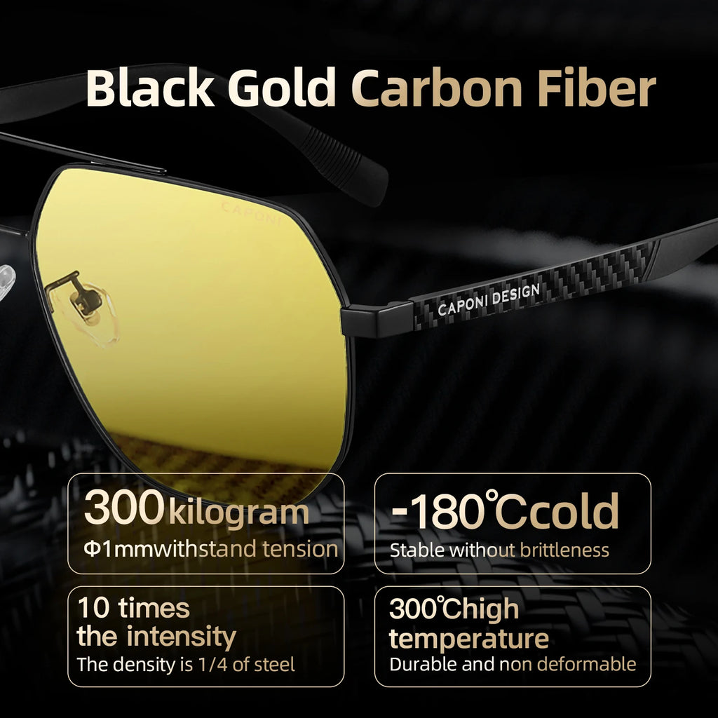 CAPONI Pilot Style Men Sunglasses Double Bridge Driver Night Vision Carbon Fiber Sun Glasses Photochromic Brown Shades BSYS34717