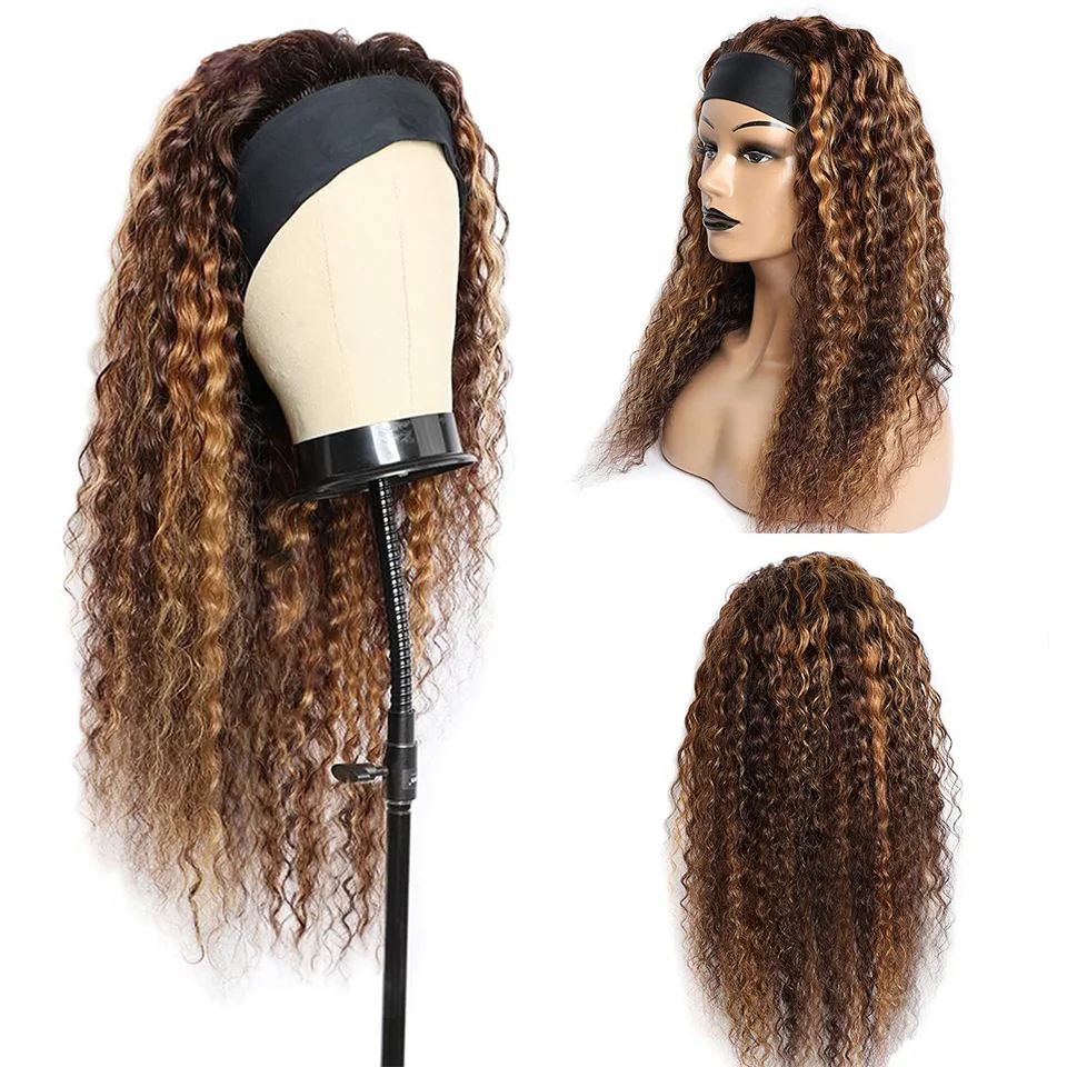 Blonde Highlight Headband Wig 4/27 Highglight Wig Curly Human Hair Wigs For Women Ombre Colored Brazilian Scarf Wig On Sale 180%