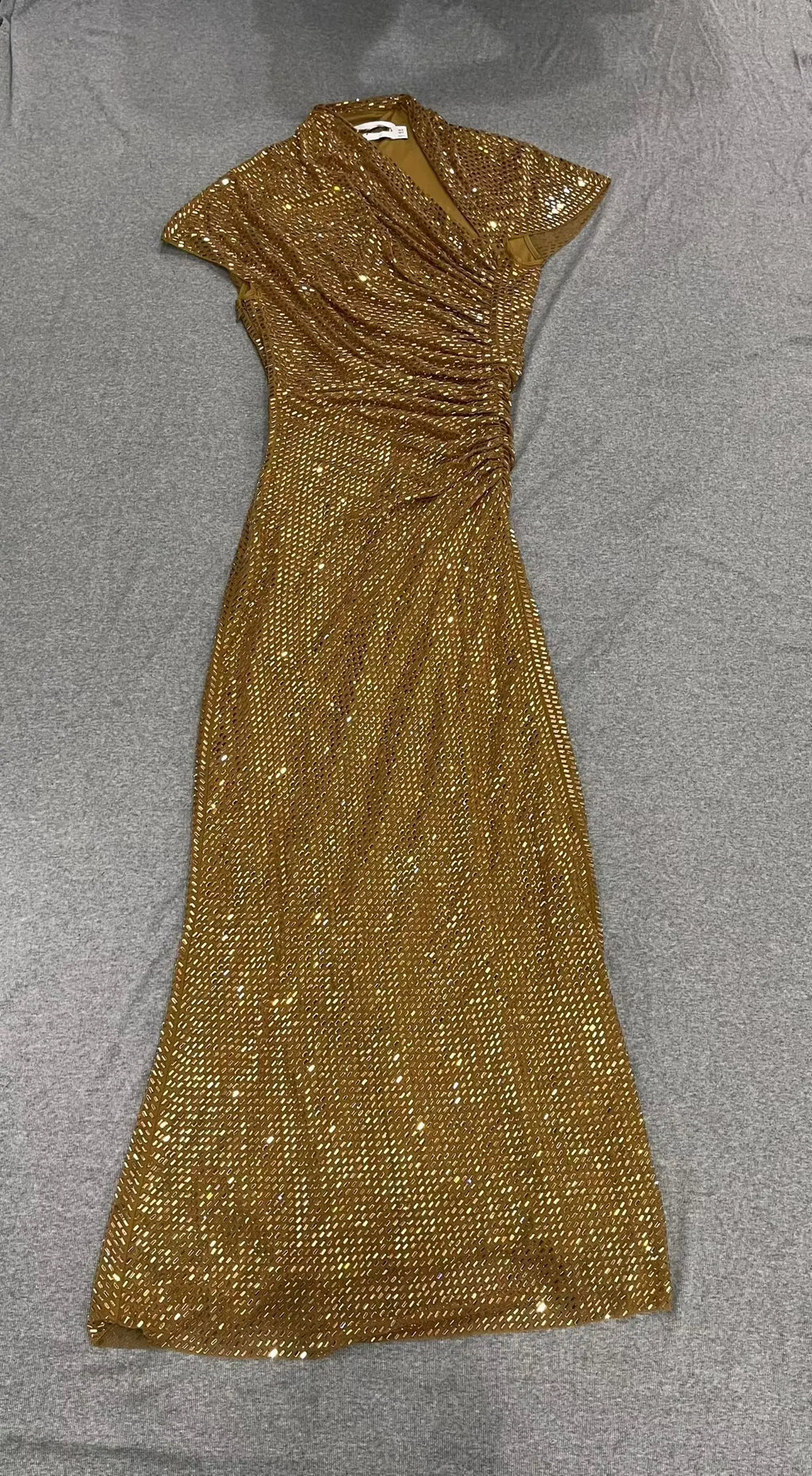 Women Golden rhinestone midi dress asymmetrical neckline short sleeve dress