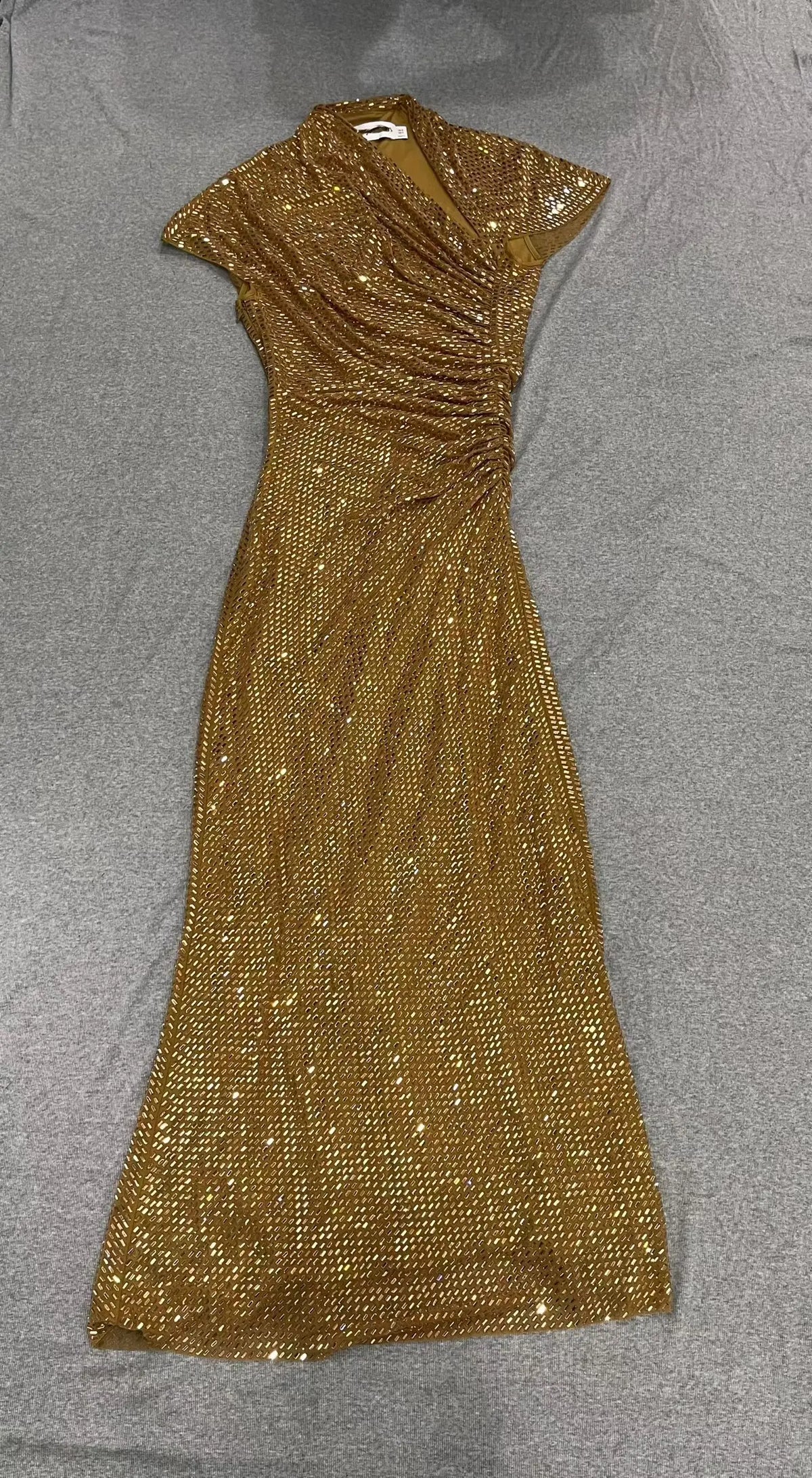 Women Golden rhinestone midi dress asymmetrical neckline short sleeve dress