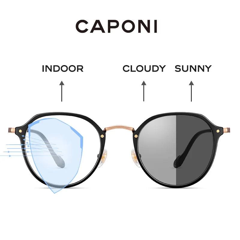 CAPONI Photochromic Brown Glasses TR-90 Titanium Frame Glasses Women's Blue Ray Protect Computer Brand Design Eyeglasses BF8076