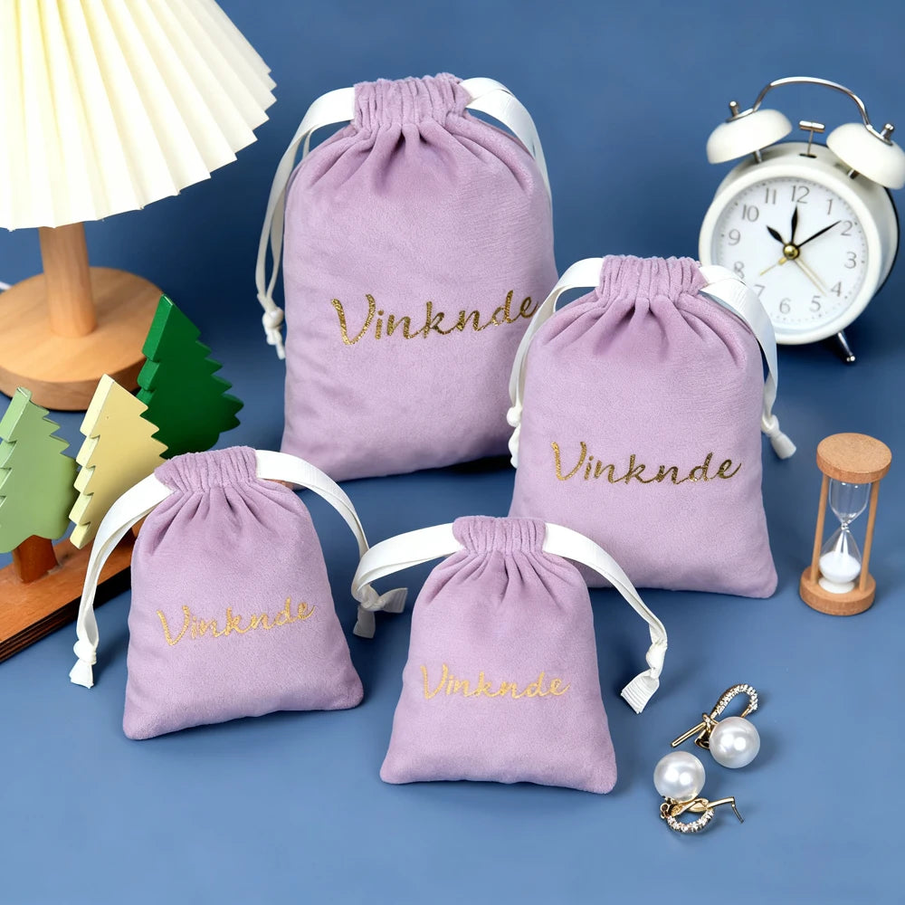 50-100pcs Velvet Gift Bags Custom Logo Ribbon Drawstring Bags For Wedding Christmas Party Jewelry Candy Gifts Packing Pouches