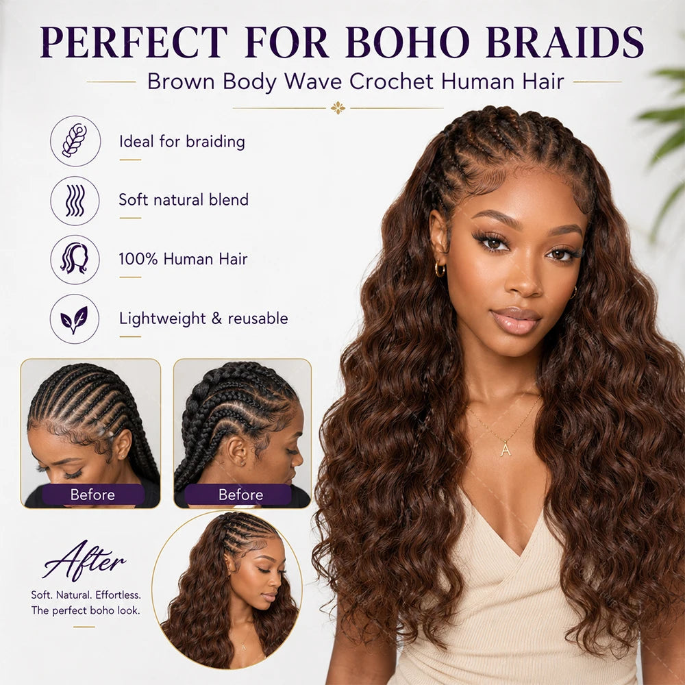 Brown Body Wave Crochet Human Hair Miracle Knots Pre Looped Soft Lightweight Natural Blend Extensions For Black Women Easy Wear